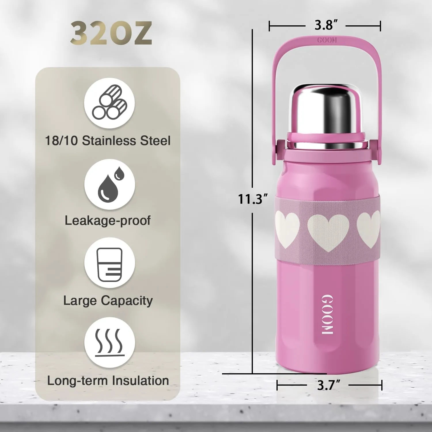 GOOM The Grip 32 oz Water Bottles for Hot and Cold Drinks,18/10 Stainless Steel Insulated Water Bottle with Lid, Carrying Strap,Strainer,7-Layer Insulation,Wide Mouth - Hot Pink