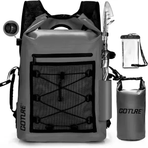 Goture Dry Bag Waterproof Backpack,20L 2L Fishing Tackle Bag with Rod Holder,Padded Shoulder Straps and Air Exhaust Valve,500D PVC Dry Sack Bag with Phone Case for Kayaking,Boating,Fishing,Travel