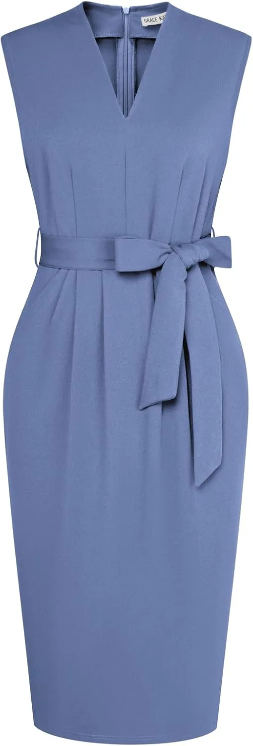 GRACE KARIN Women's Business Dresses Sleeveless V Neck Bodycon Sheath Dress Zipper Up Office Work Dress with Pockets