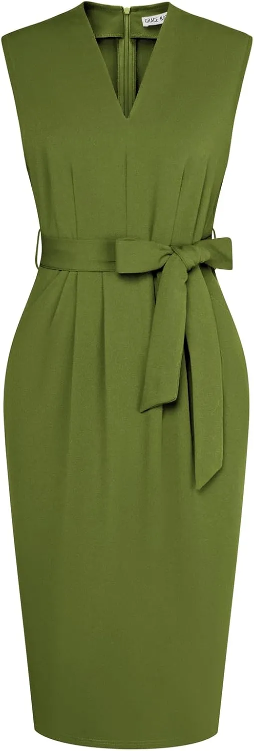 GRACE KARIN Women's Business Dresses Sleeveless V Neck Bodycon Sheath Dress Zipper Up Office Work Dress with Pockets
