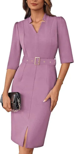 GRACE KARIN Women's Work Dress 3/4 Sleeve V Neck Bodycon Sheath Dress Zipper Up Office Business Dresses with Belt