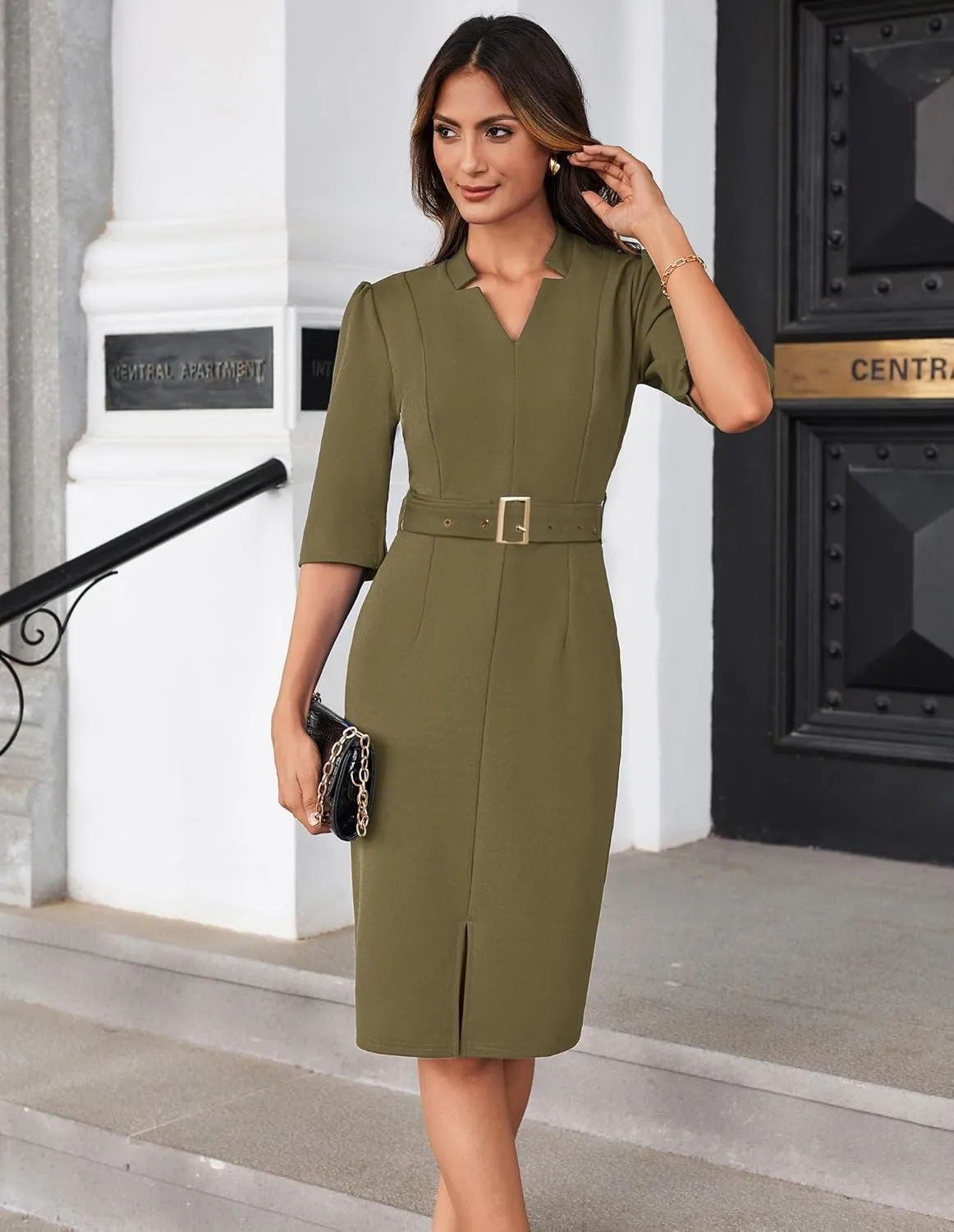 GRACE KARIN Women's Work Dress 3/4 Sleeve V Neck Bodycon Sheath Dress Zipper Up Office Business Dresses with Belt