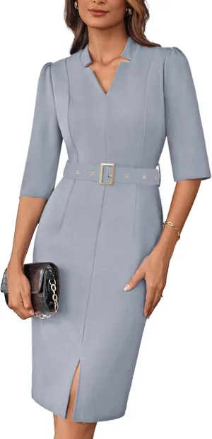 GRACE KARIN Women's Work Dress 3/4 Sleeve V Neck Bodycon Sheath Dress Zipper Up Office Business Dresses with Belt