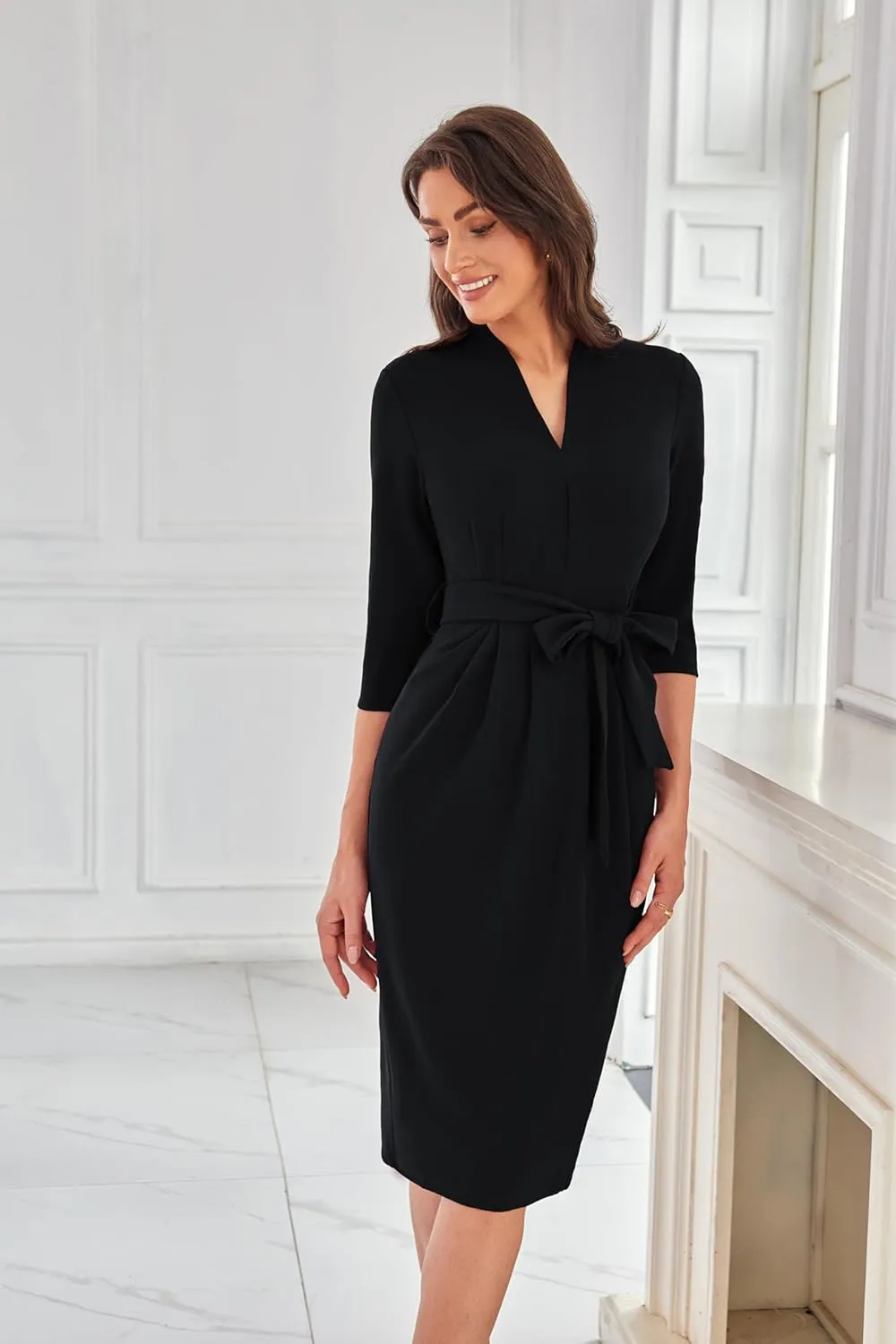 GRACE KARIN Womens Work Dresses V Neck 3/4 Sleeve Back Zipper Tie Waist Bodycon Dress Office Cocktail Dress with Pockets