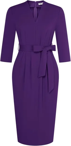 GRACE KARIN Womens Work Dresses V Neck 3/4 Sleeve Back Zipper Tie Waist Bodycon Dress Office Cocktail Dress with Pockets