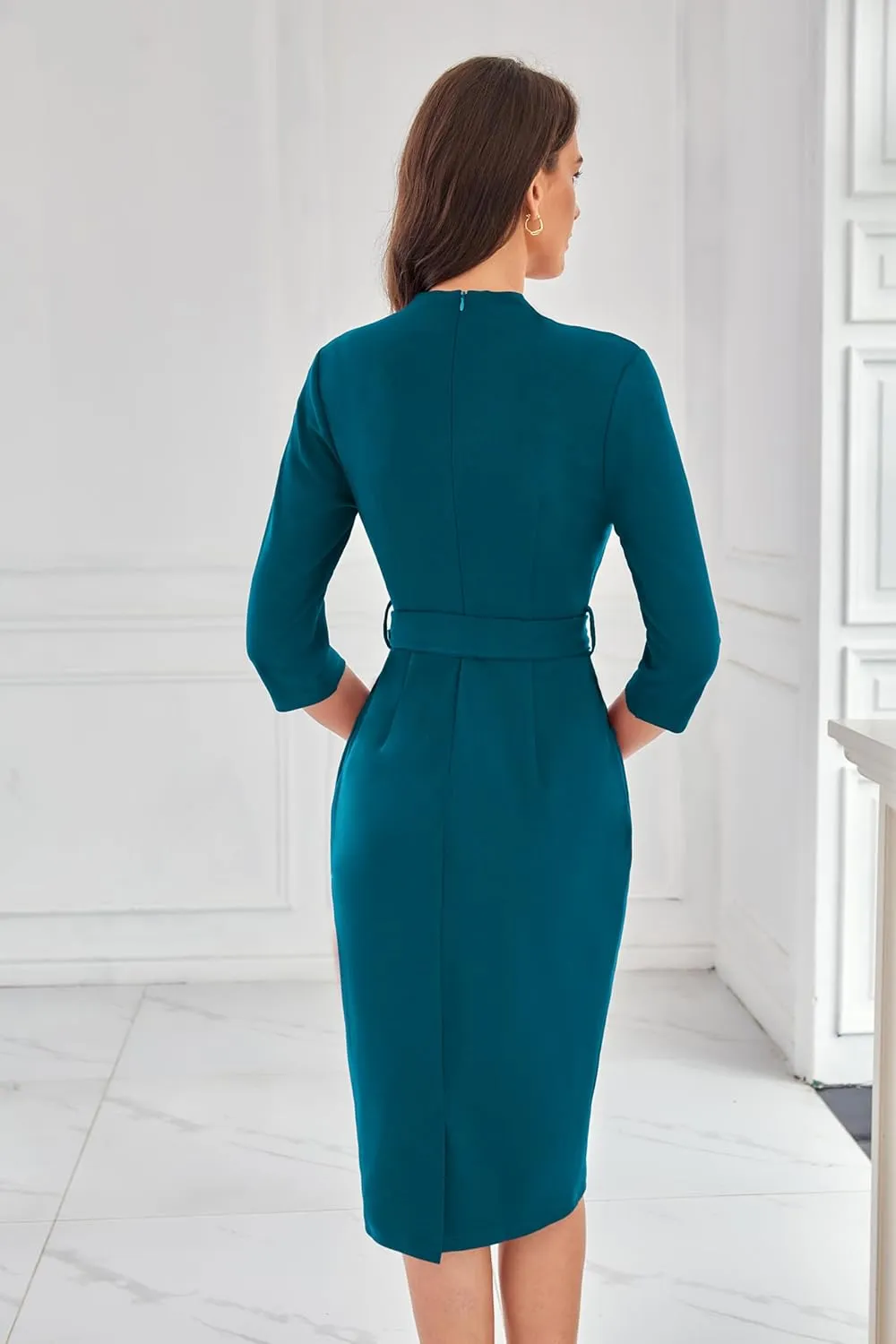 GRACE KARIN Womens Work Dresses V Neck 3/4 Sleeve Back Zipper Tie Waist Bodycon Dress Office Cocktail Dress with Pockets