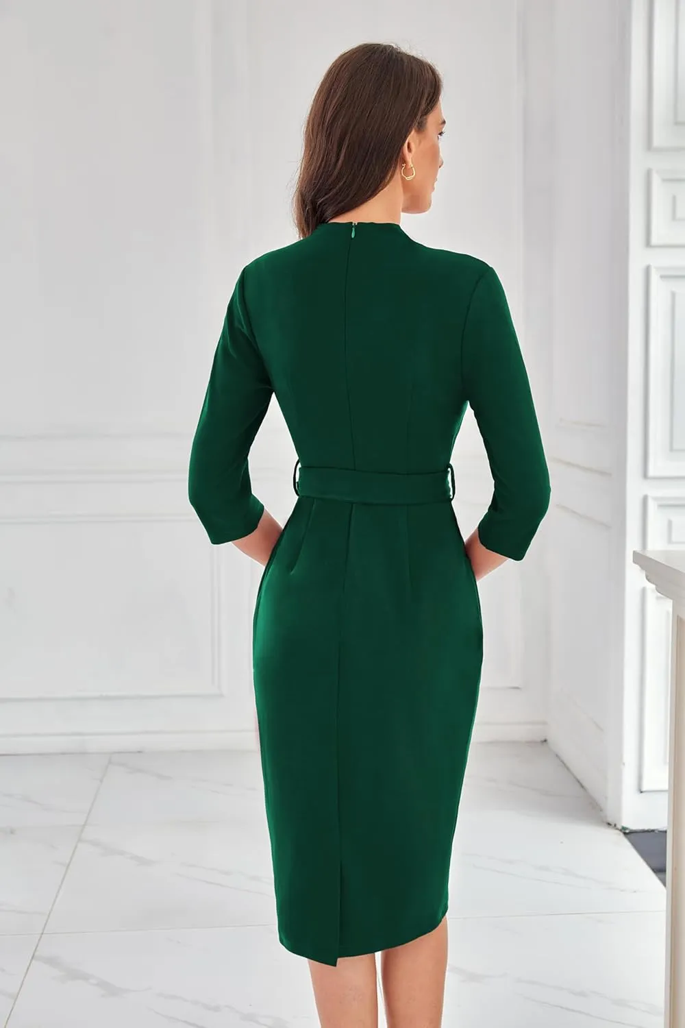 GRACE KARIN Womens Work Dresses V Neck 3/4 Sleeve Back Zipper Tie Waist Bodycon Dress Office Cocktail Dress with Pockets