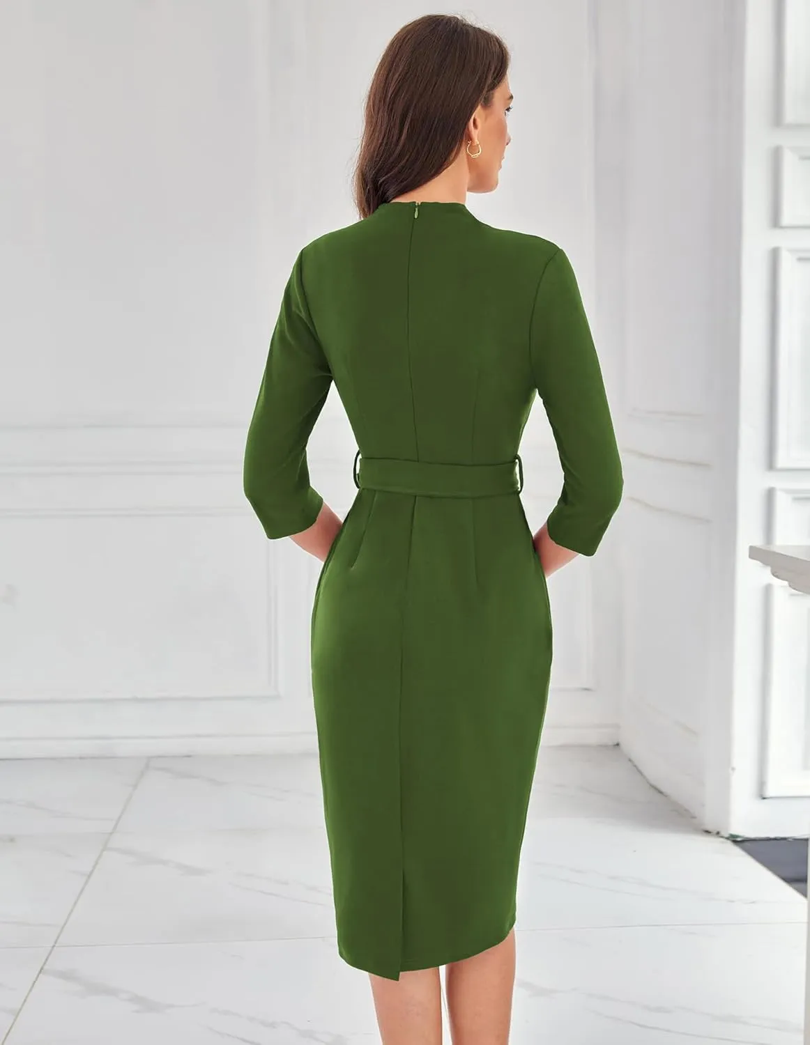 GRACE KARIN Womens Work Dresses V Neck 3/4 Sleeve Back Zipper Tie Waist Bodycon Dress Office Cocktail Dress with Pockets