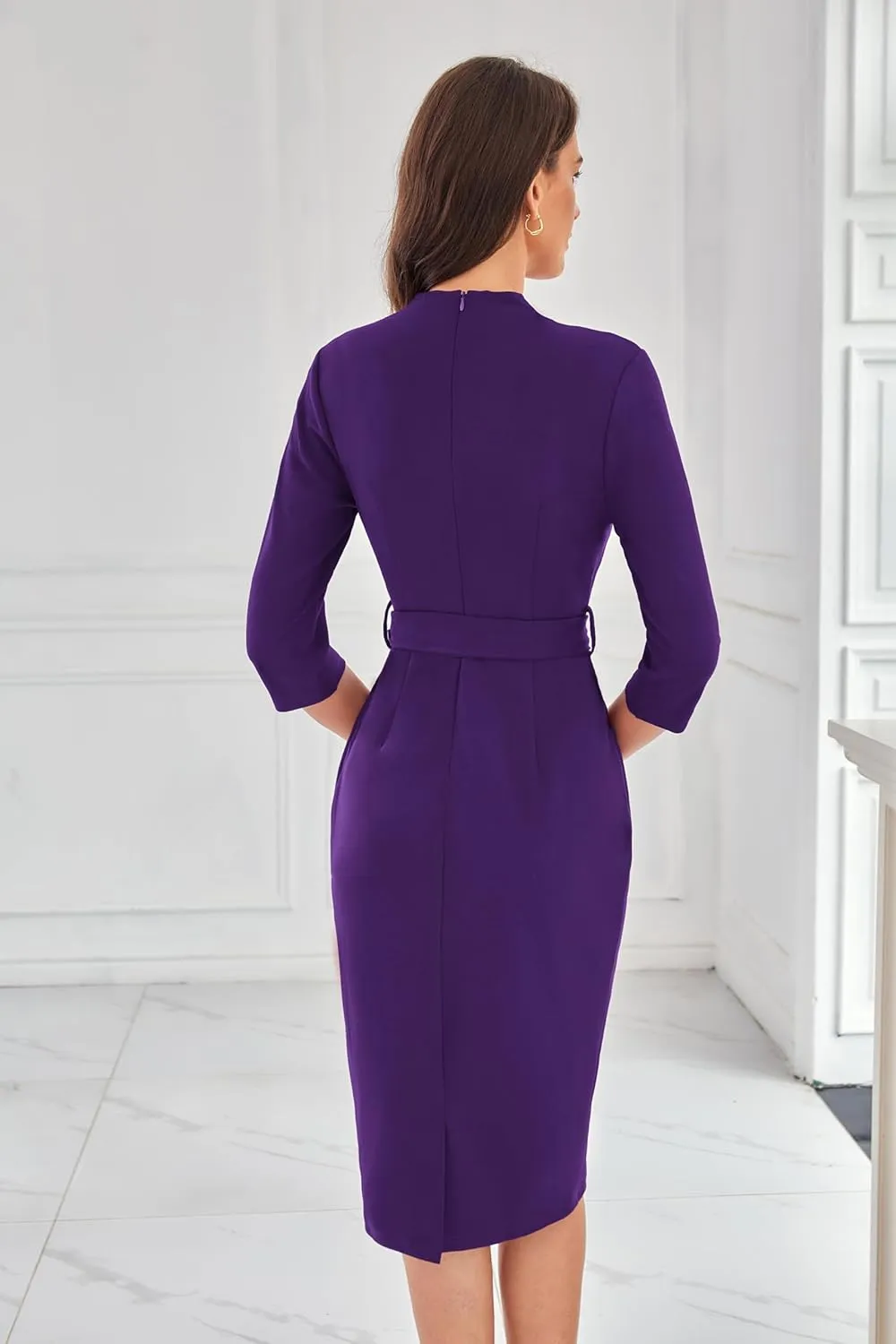 GRACE KARIN Womens Work Dresses V Neck 3/4 Sleeve Back Zipper Tie Waist Bodycon Dress Office Cocktail Dress with Pockets