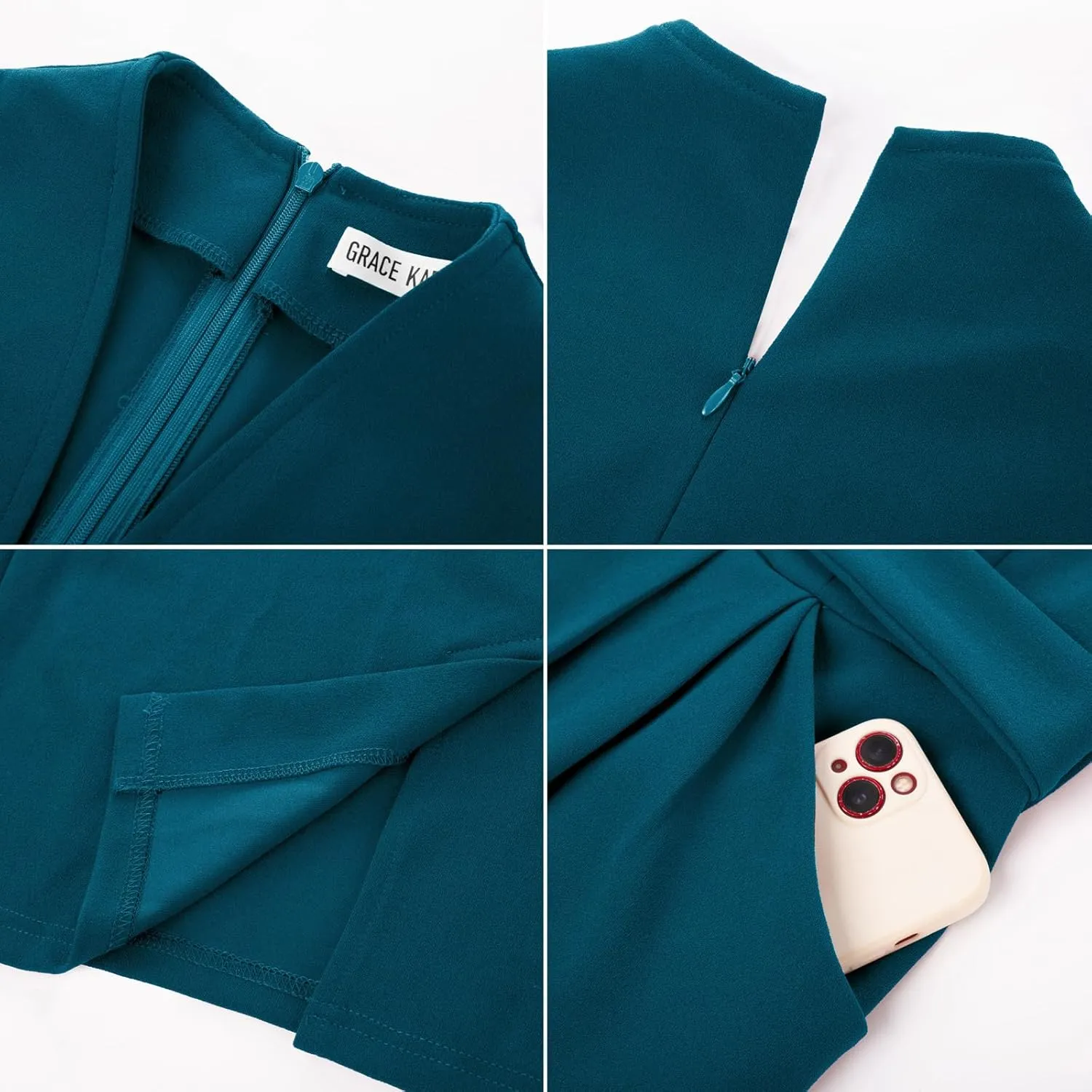 GRACE KARIN Womens Work Dresses V Neck 3/4 Sleeve Back Zipper Tie Waist Bodycon Dress Office Cocktail Dress with Pockets
