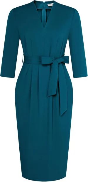 GRACE KARIN Womens Work Dresses V Neck 3/4 Sleeve Back Zipper Tie Waist Bodycon Dress Office Cocktail Dress with Pockets