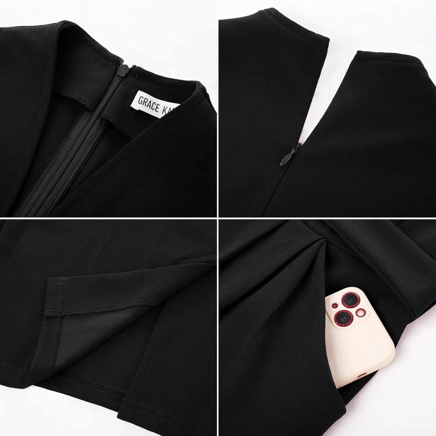 GRACE KARIN Womens Work Dresses V Neck 3/4 Sleeve Back Zipper Tie Waist Bodycon Dress Office Cocktail Dress with Pockets