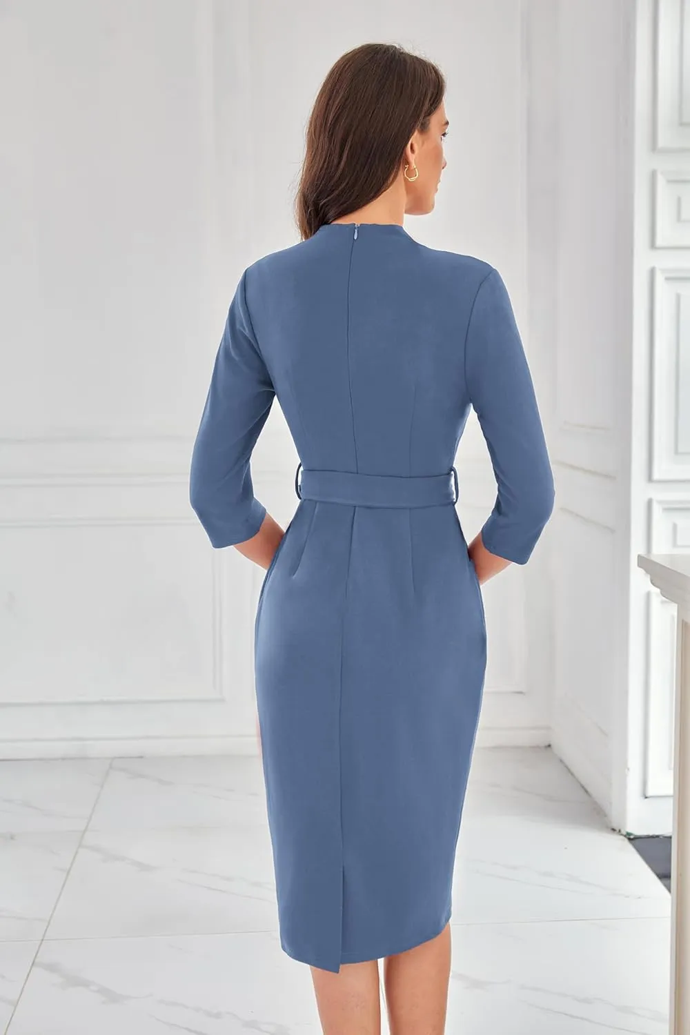 GRACE KARIN Womens Work Dresses V Neck 3/4 Sleeve Back Zipper Tie Waist Bodycon Dress Office Cocktail Dress with Pockets