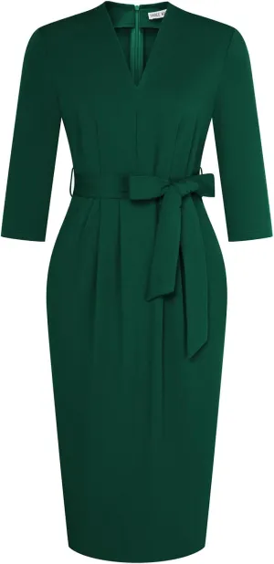 GRACE KARIN Womens Work Dresses V Neck 3/4 Sleeve Back Zipper Tie Waist Bodycon Dress Office Cocktail Dress with Pockets