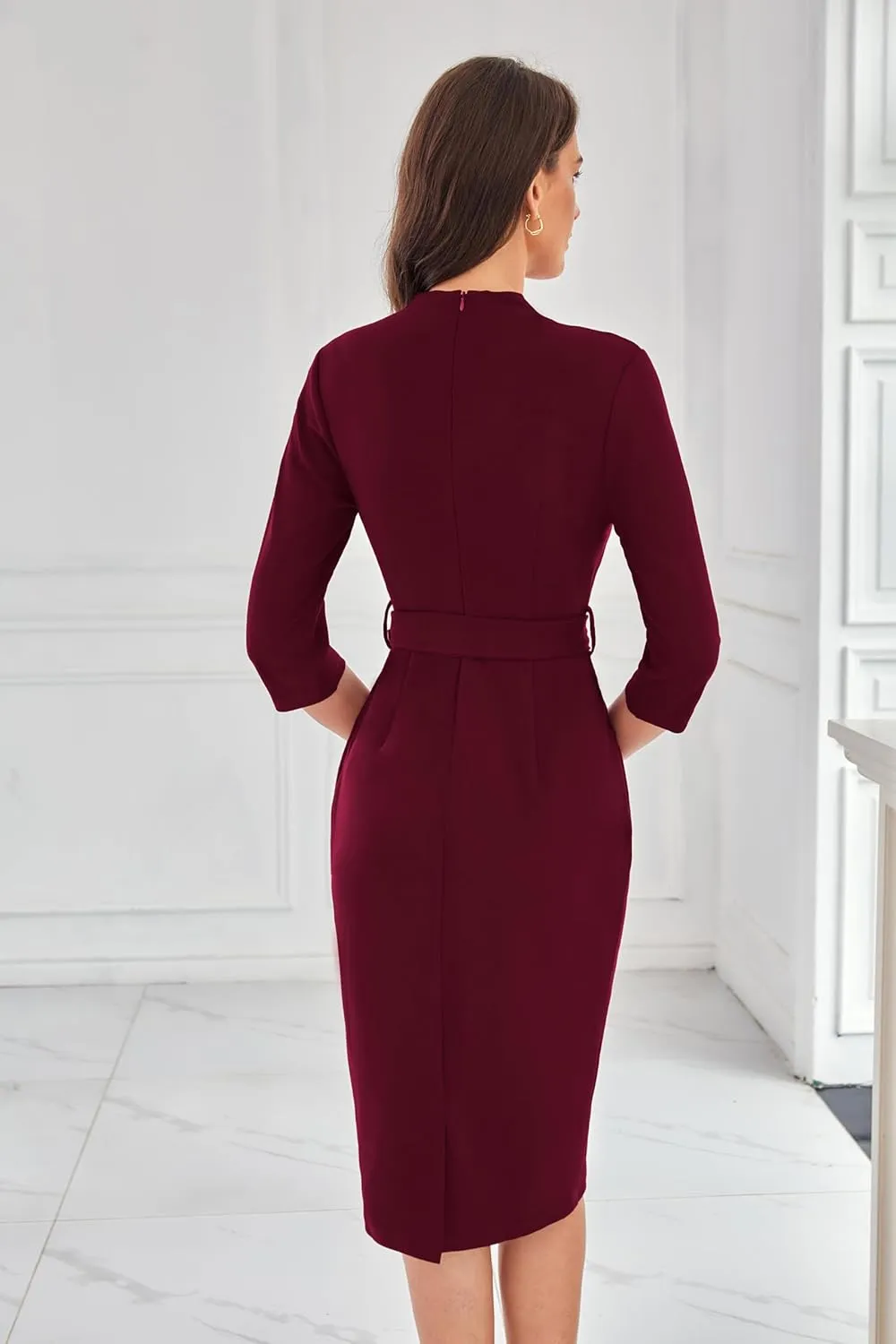 GRACE KARIN Womens Work Dresses V Neck 3/4 Sleeve Back Zipper Tie Waist Bodycon Dress Office Cocktail Dress with Pockets
