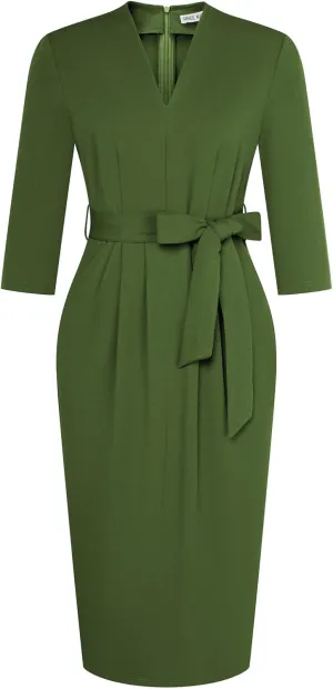 GRACE KARIN Womens Work Dresses V Neck 3/4 Sleeve Back Zipper Tie Waist Bodycon Dress Office Cocktail Dress with Pockets
