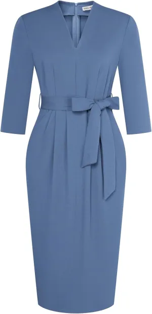 GRACE KARIN Womens Work Dresses V Neck 3/4 Sleeve Back Zipper Tie Waist Bodycon Dress Office Cocktail Dress with Pockets