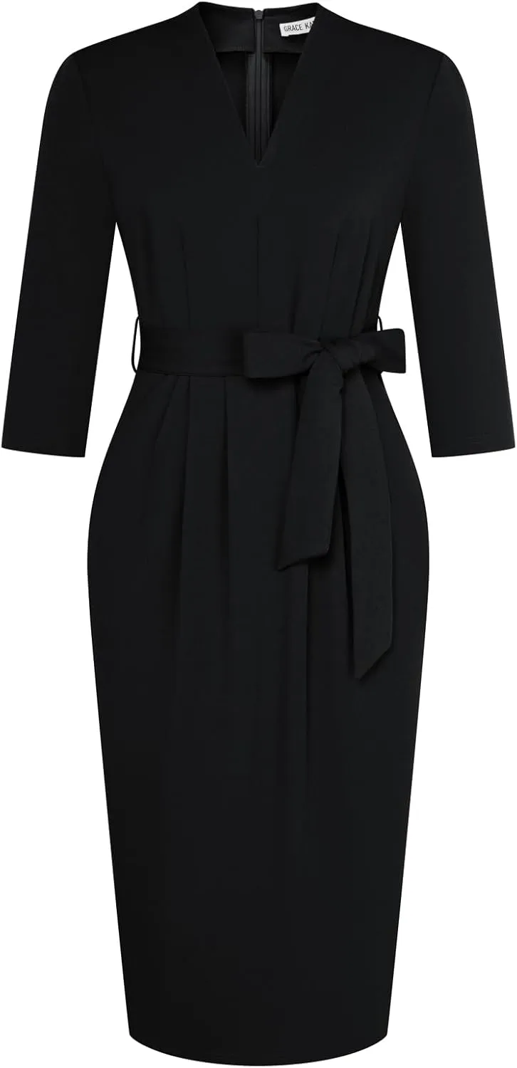 GRACE KARIN Womens Work Dresses V Neck 3/4 Sleeve Back Zipper Tie Waist Bodycon Dress Office Cocktail Dress with Pockets