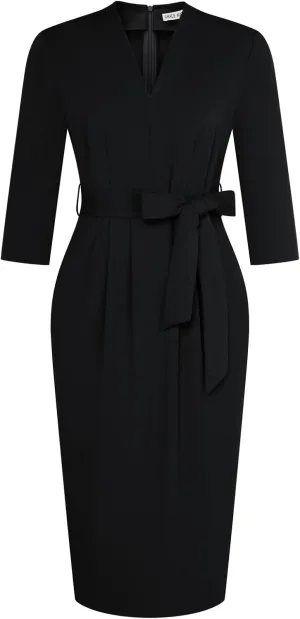 GRACE KARIN Womens Work Dresses V Neck 3/4 Sleeve Back Zipper Tie Waist Bodycon Dress Office Cocktail Dress with Pockets