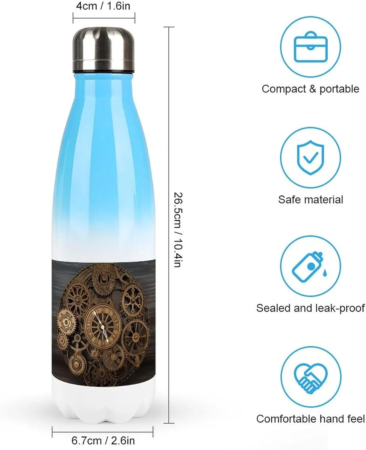 Gradient Stainless Steel Bottle, Steampunk Gears Clock Print Sports Bottle Perfect for Travel, Beach, Sports, And Everyday Hydration