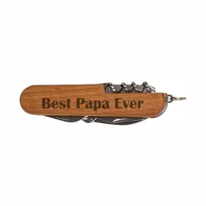 Grandpa Knife Best Papa Ever Wooden 8-Function Multi-Tool Pocket Folding Knife Laser Engraved Dark Wood Fathers Day Christmas Present