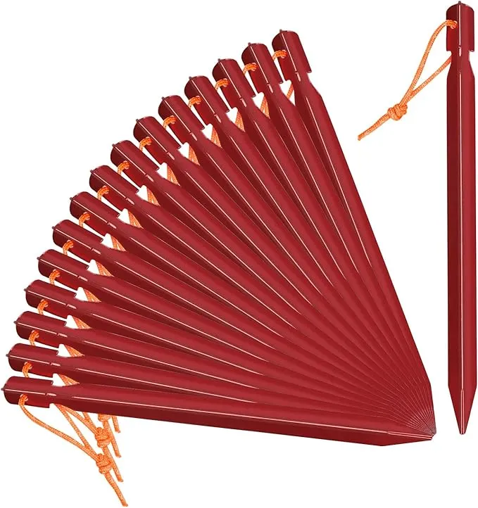 Grassman Tent Stakes, 16 Pack 9in Heavy Duty Ground pegs with Reflective Pull Ropes, Leightweight-Durable-Safe Metal Backpacking Camping Spiles