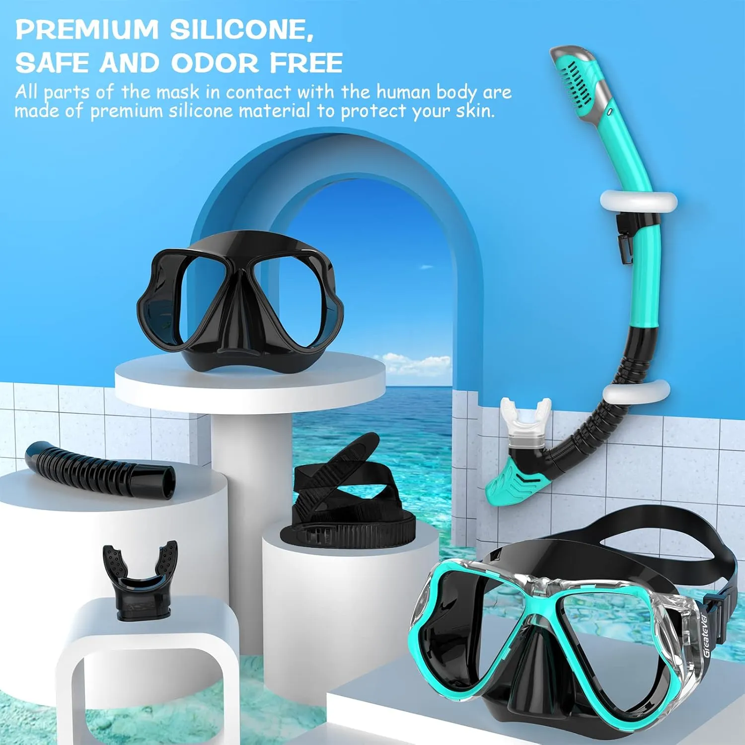 Greatever Dry Snorkel Set,Panoramic Wide View,Anti-Fog Scuba Diving Mask,Professional Snorkeling Gear