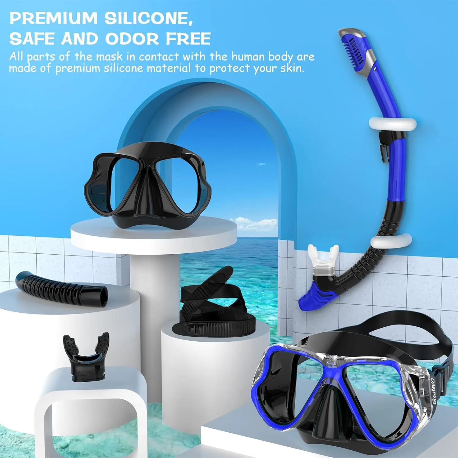 Greatever Dry Snorkel Set,Panoramic Wide View,Anti-Fog Scuba Diving Mask,Professional Snorkeling Gear