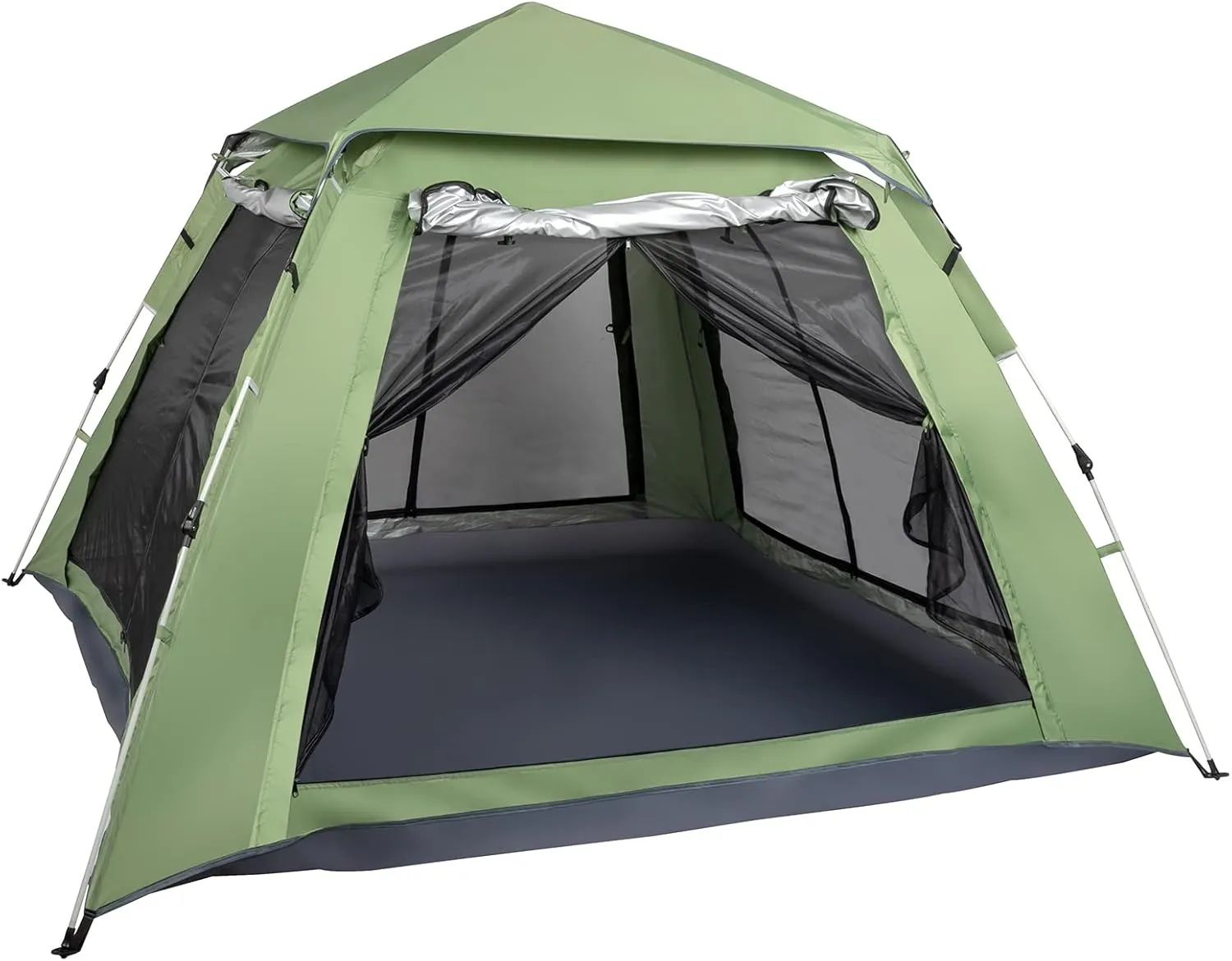 Green Camping Screen Tent with 4 Doors and Skylights, Quick Set Up with Spring System, Perfect for Family Camping