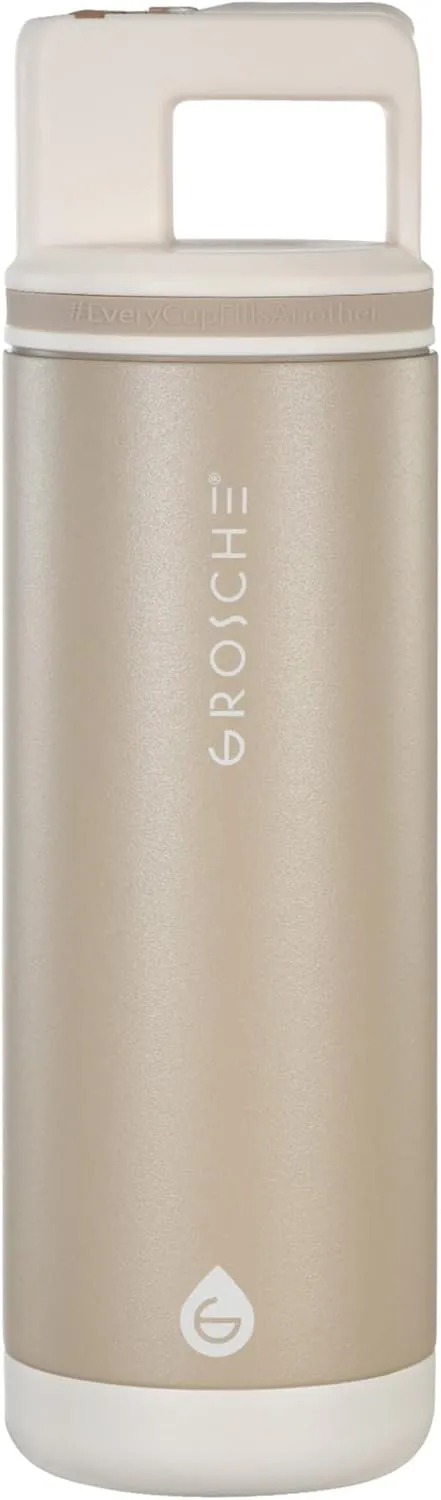GROSCHE Alpine Flip n' Sip 20 oz Insulated Water Bottle - Stainless Steel, Leakproof Flask with Straw - Perfect for Gym, Travel & Outdoor Use - Keeps Water Cold up to 60 hrs - Sand Biege