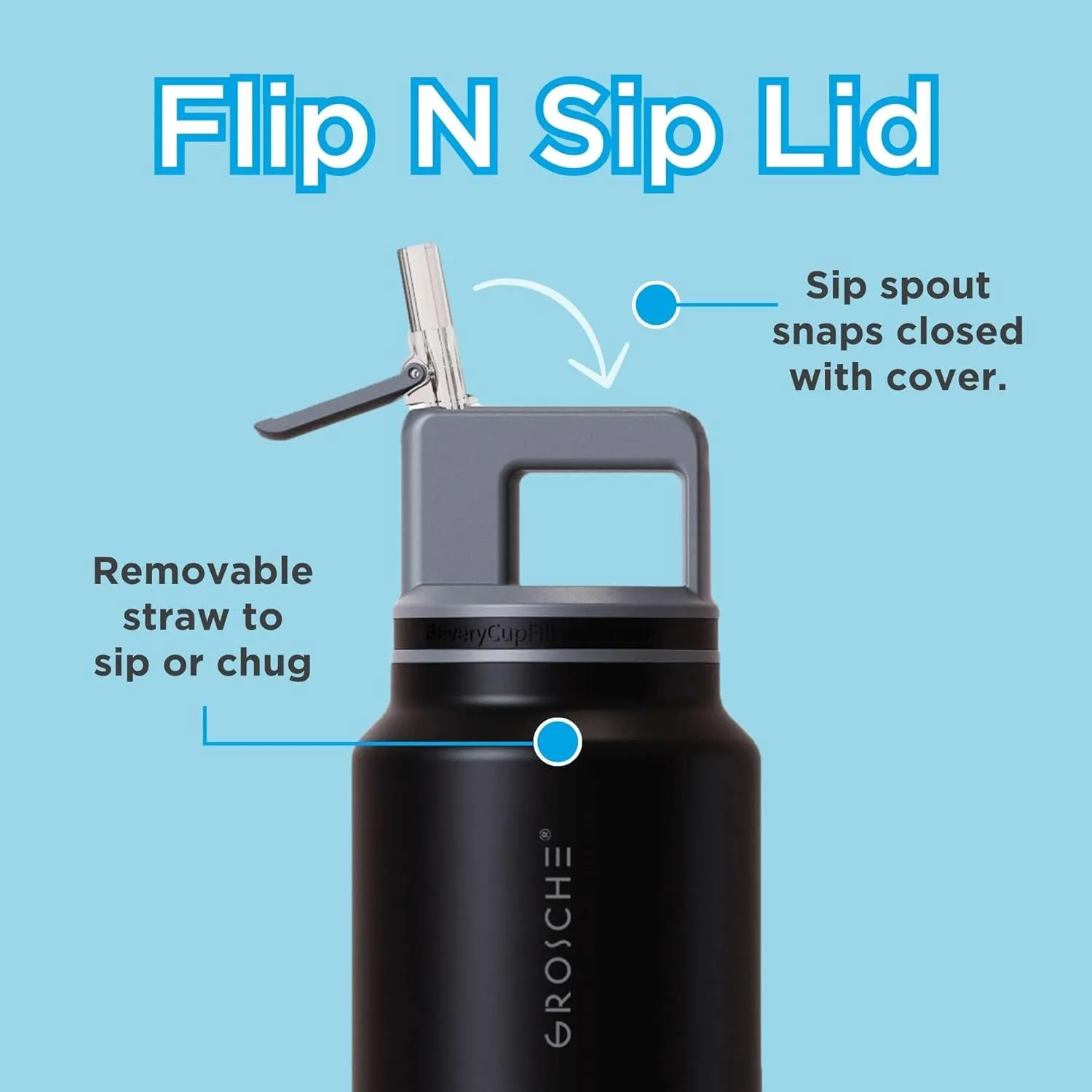 GROSCHE Alpine Flip n' Sip 40 oz Insulated Water Bottle - Stainless Steel, Leakproof Flask with Straw - Perfect for Gym, Travel & Outdoor Use - Keeps Water Cold up to 60 hrs - Graphite Black