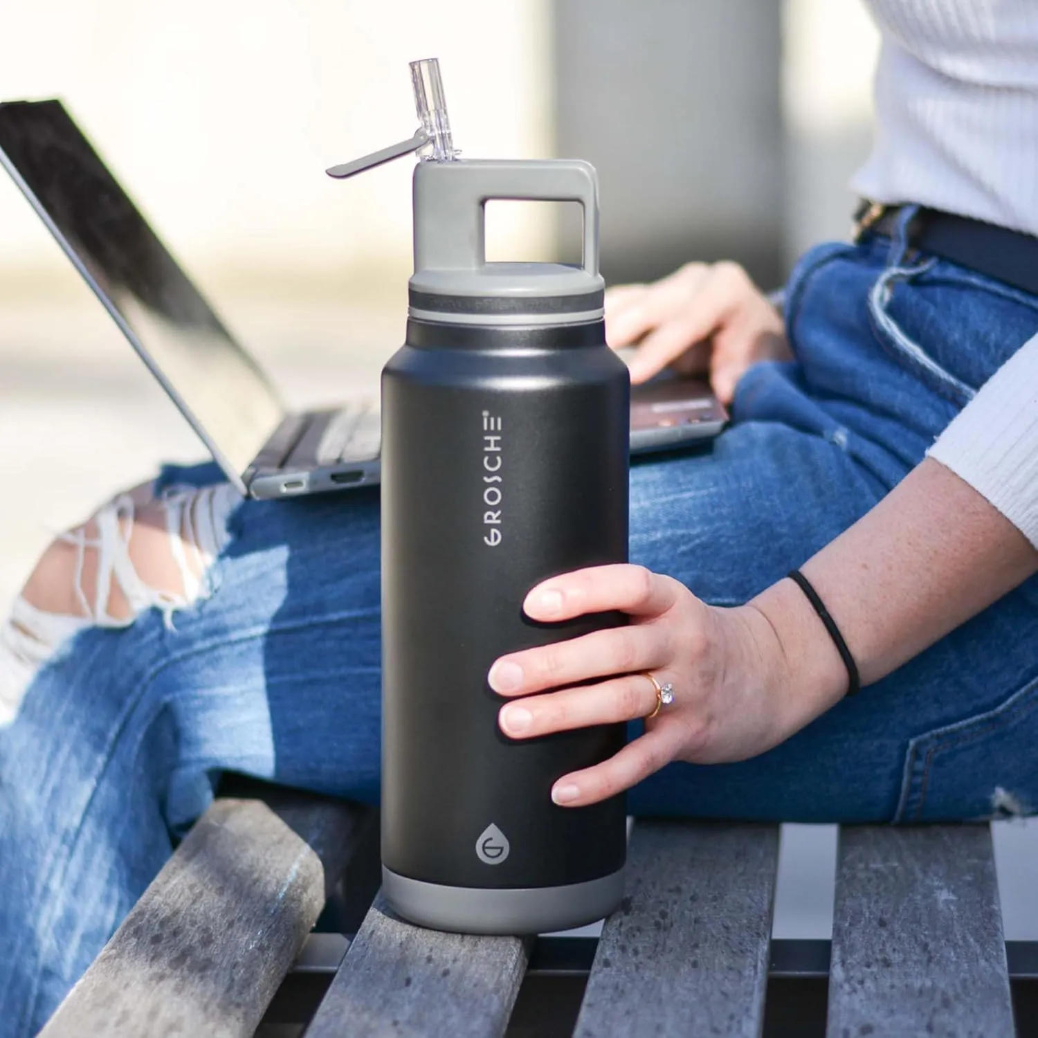 GROSCHE Alpine Flip n' Sip 40 oz Insulated Water Bottle - Stainless Steel, Leakproof Flask with Straw - Perfect for Gym, Travel & Outdoor Use - Keeps Water Cold up to 60 hrs - Graphite Black