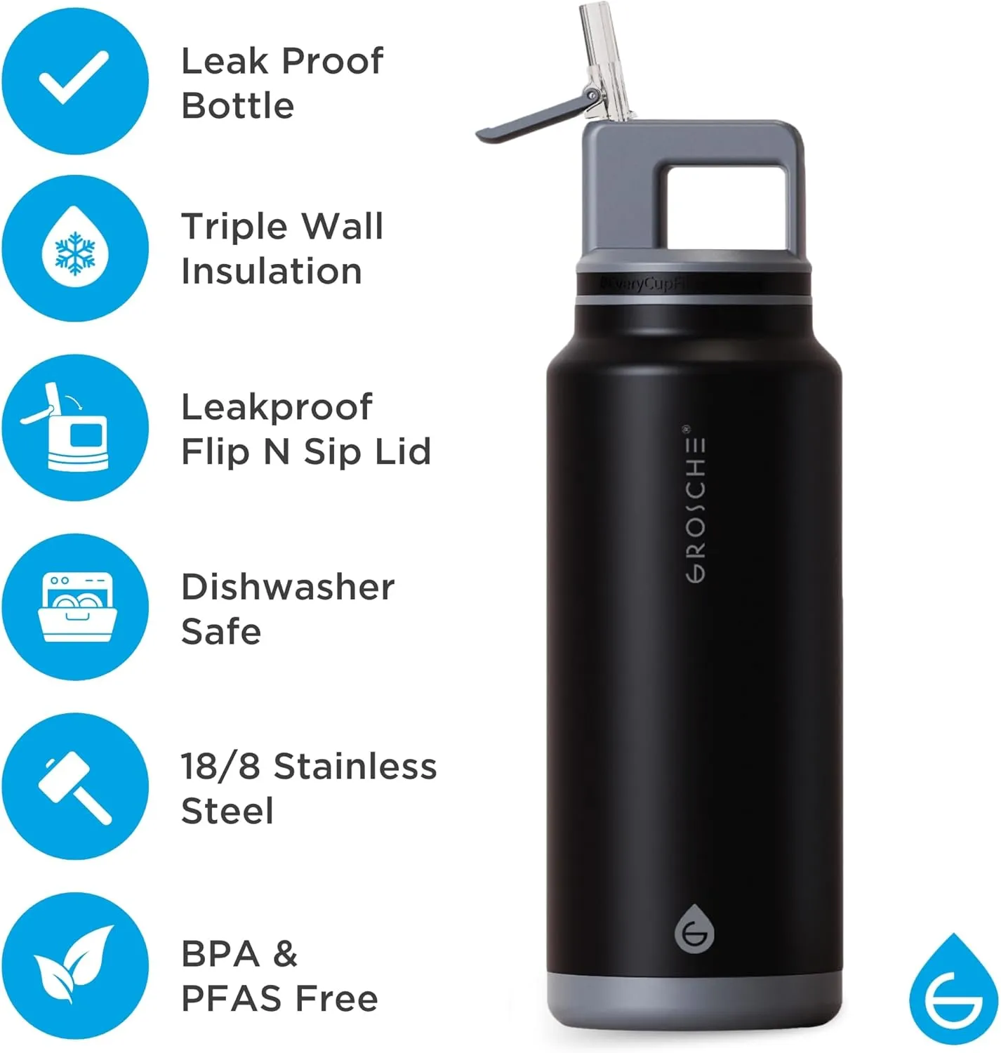 GROSCHE Alpine Flip n' Sip 40 oz Insulated Water Bottle - Stainless Steel, Leakproof Flask with Straw - Perfect for Gym, Travel & Outdoor Use - Keeps Water Cold up to 60 hrs - Graphite Black