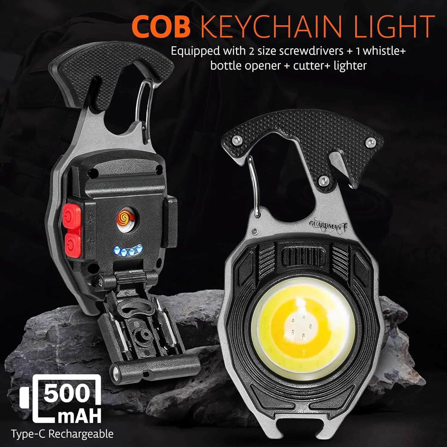 GUARDMAN Fathers Day Gift for Dad – Multitool Survival keychain Tool, LED Flashlight, Carabiner, Fire Starter, Screwdriver, Whistle, Bottle Opener – Camping & Outdoor Multi Tool Gear - 30 Pack