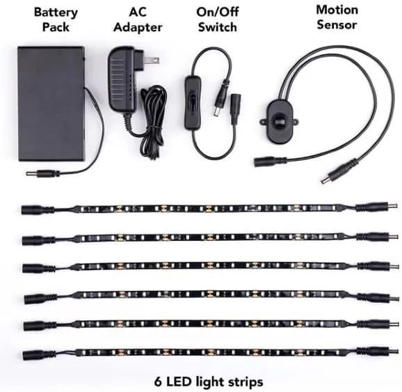 Gun Storage Solutions Gun Safe Light Kits - (6) 12 Inch LED Light Strands   Motion Sensor   Manual Switch   Battery Pack   AC Plug in Adaptor