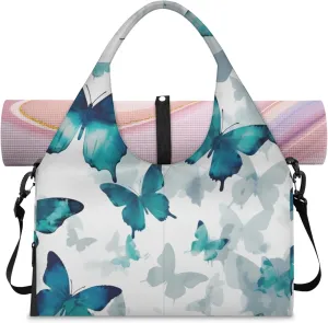 Gym Bag with Shoe Compartment Personal Item Travel Bag Tote Bag for Men Women Duffle Bag for Travel Sports Fitness & Workout Cyan Butterflies