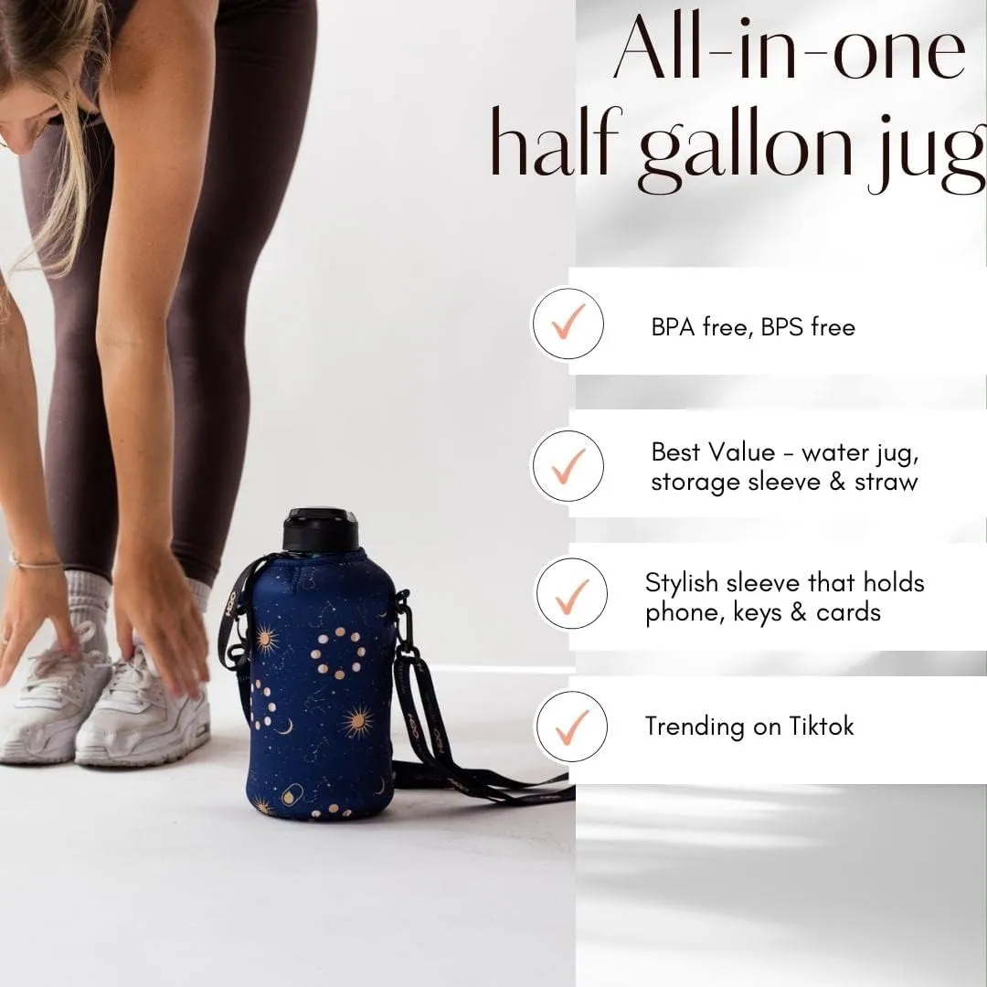 H2O Capsule 2.2L Half Gallon Water Bottle with Storage Sleeve and Covered Straw Lid – BPA Free Large Reusable Drink Container with Handle - Big Sports Jug, 2.2 Liter (74 Ounce)
