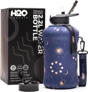 H2O Capsule 2.2L Half Gallon Water Bottle with Storage Sleeve and Covered Straw Lid – BPA Free Large Reusable Drink Container with Handle - Big Sports Jug, 2.2 Liter (74 Ounce)