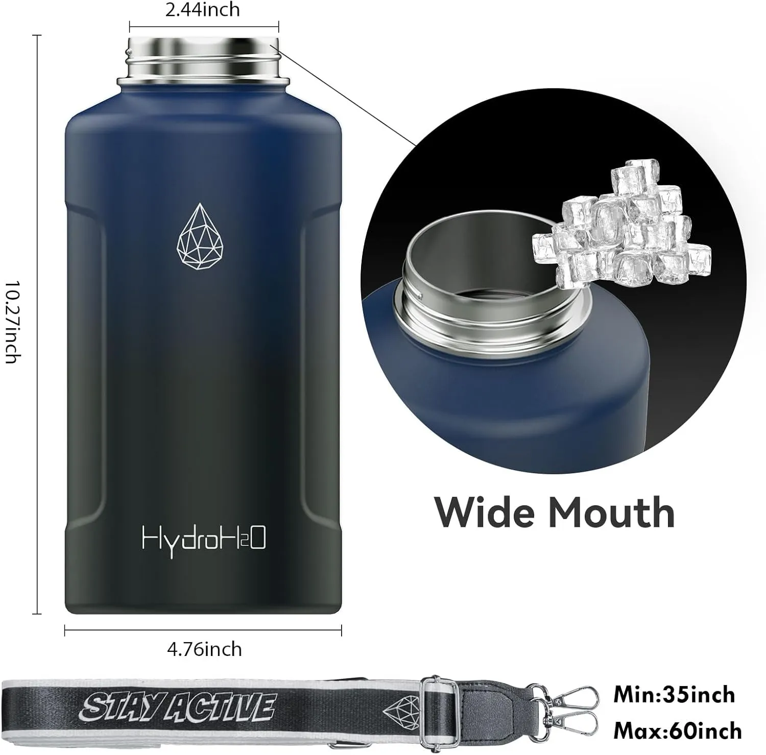 Half Gallon Stainless Steel Water Bottle Insulated with AutoLock Spout Lids & Pop-up Straw & Fruit Infuser & Carry Strap, Metal Water Jug with Wide Mouth 64 oz Leakproof(Indigo Gradient,Strap)