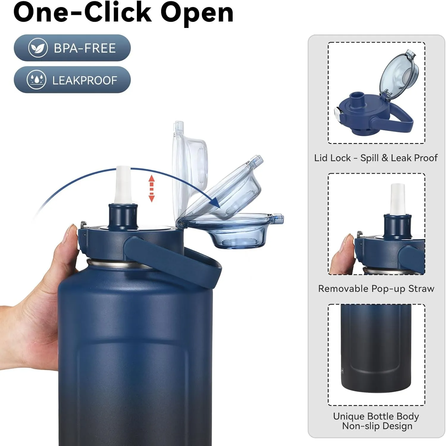 Half Gallon Stainless Steel Water Bottle Insulated with AutoLock Spout Lids & Pop-up Straw & Fruit Infuser & Carry Strap, Metal Water Jug with Wide Mouth 64 oz Leakproof(Indigo Gradient,Strap)