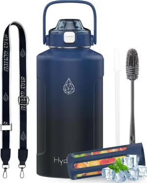 Half Gallon Stainless Steel Water Bottle Insulated with AutoLock Spout Lids & Pop-up Straw & Fruit Infuser & Carry Strap, Metal Water Jug with Wide Mouth 64 oz Leakproof(Indigo Gradient,Strap)