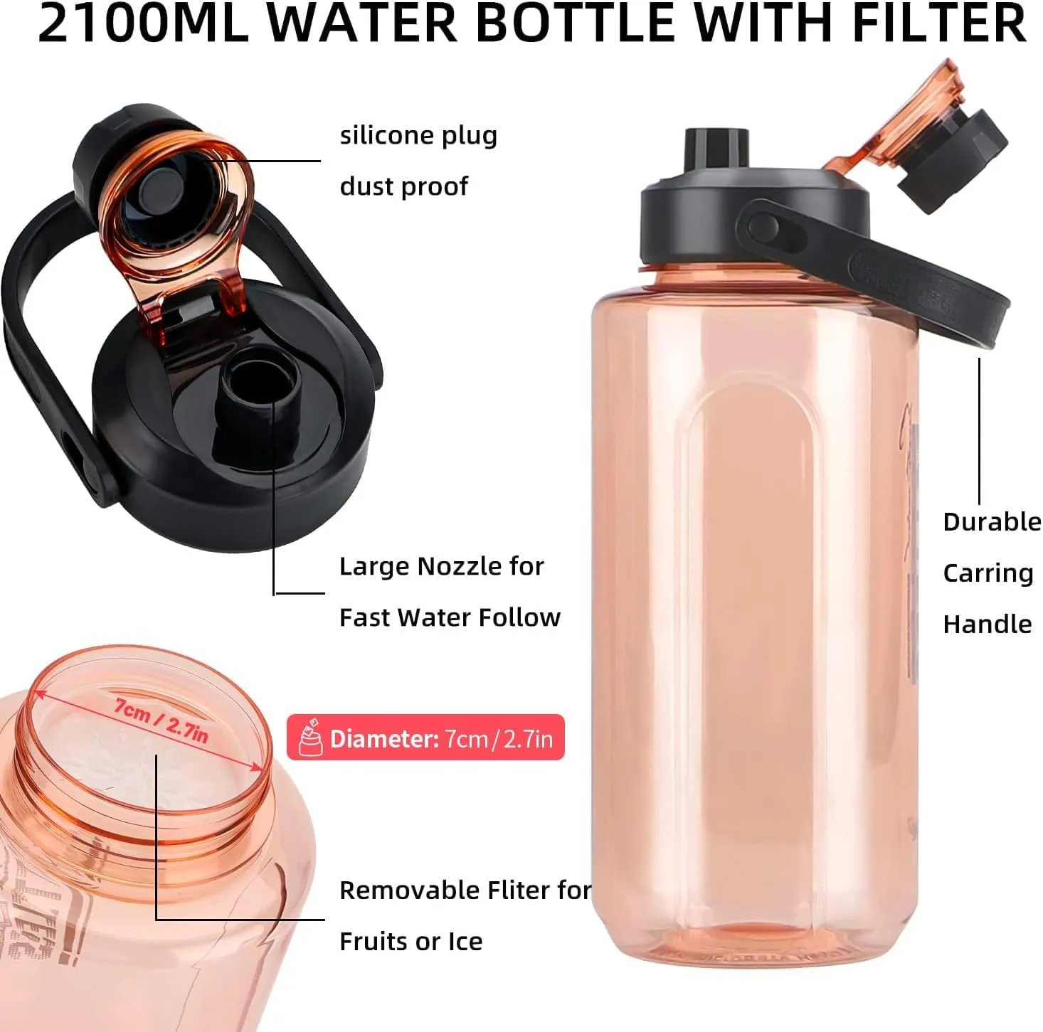 Half Gallon/64oz Water Bottle With Handle, 2L Leak proof BPA Free Fitness Sports Water Jug, Ensure You Drink Enough Water Daily for Gym and Outdoor Sports(Orange)