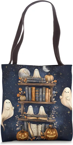 Halloween Magic Bookshelf Cute Ghosts Pumpkins Bookcase Tote Bag