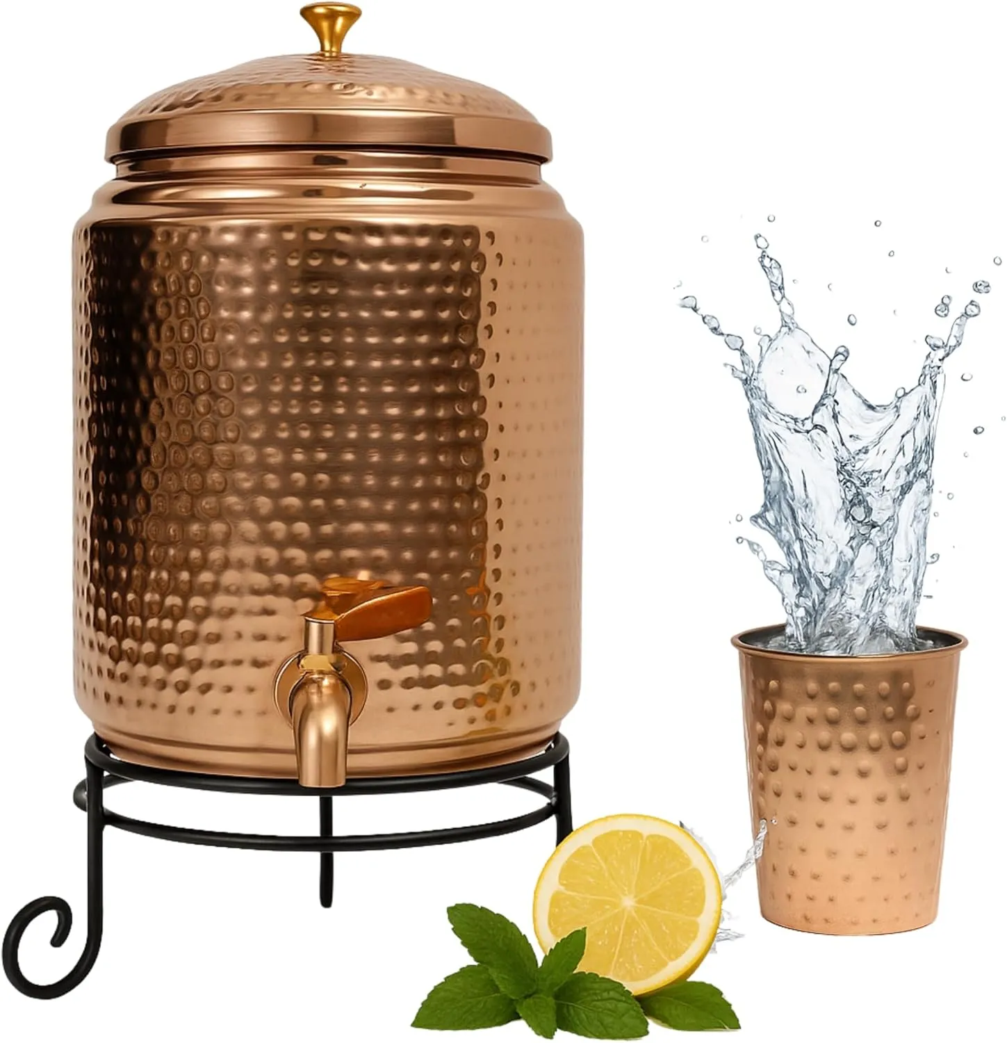 Hammered Copper Water Dispenser – Pure 2  Gallon Ayurvedic Water Crock with Brass Spigot & Lid – Eco-Friendly Copper Jug for 2 to 5 Gallon Jugs – No Lining, Leakproof Design