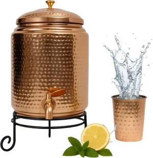 Hammered Copper Water Dispenser – Pure 2  Gallon Ayurvedic Water Crock with Brass Spigot & Lid – Eco-Friendly Copper Jug for 2 to 5 Gallon Jugs – No Lining, Leakproof Design