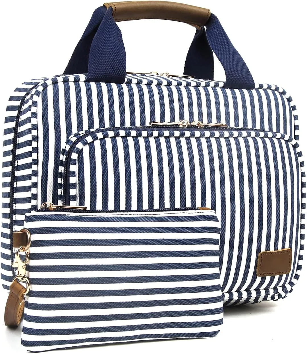 Hanging Travel Toiletry Bag For Women, Water-Resistant Bule Stripe Canvas Fabirc Toiletries Bags, Toiletries Organizer Kit For Cosmetics, Makeup