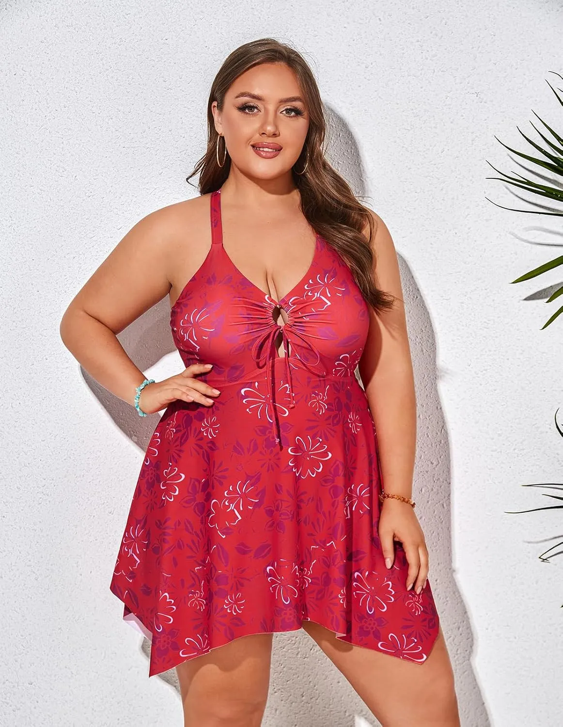 Hanna Nikole Women Plus Size One Piece Swimsuit Cut Out Adjustable Bathing Suit Tummy Control Swim Dress Swimwear with Shorts