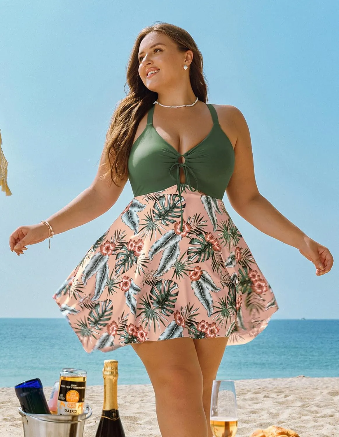 Hanna Nikole Women Plus Size One Piece Swimsuit Cut Out Adjustable Bathing Suit Tummy Control Swim Dress Swimwear with Shorts