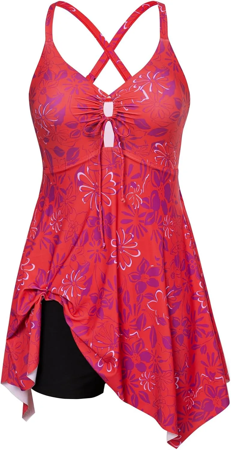 Hanna Nikole Women Plus Size One Piece Swimsuit Cut Out Adjustable Bathing Suit Tummy Control Swim Dress Swimwear with Shorts