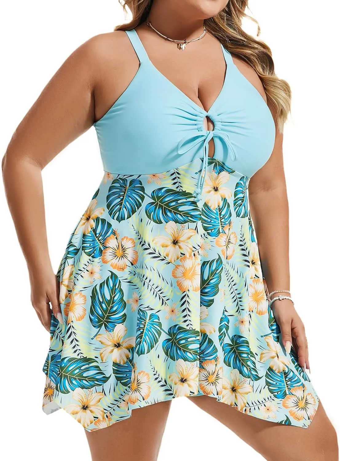 Hanna Nikole Women Plus Size One Piece Swimsuit Cut Out Adjustable Bathing Suit Tummy Control Swim Dress Swimwear with Shorts